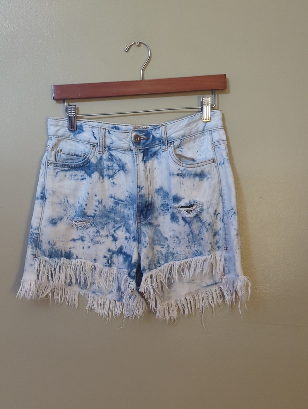Tie-Dye Fringe Denim Shorts - Blue White